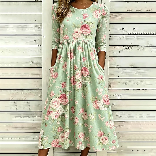 Cotton-Blend Loose Floral Elegant Dress With No