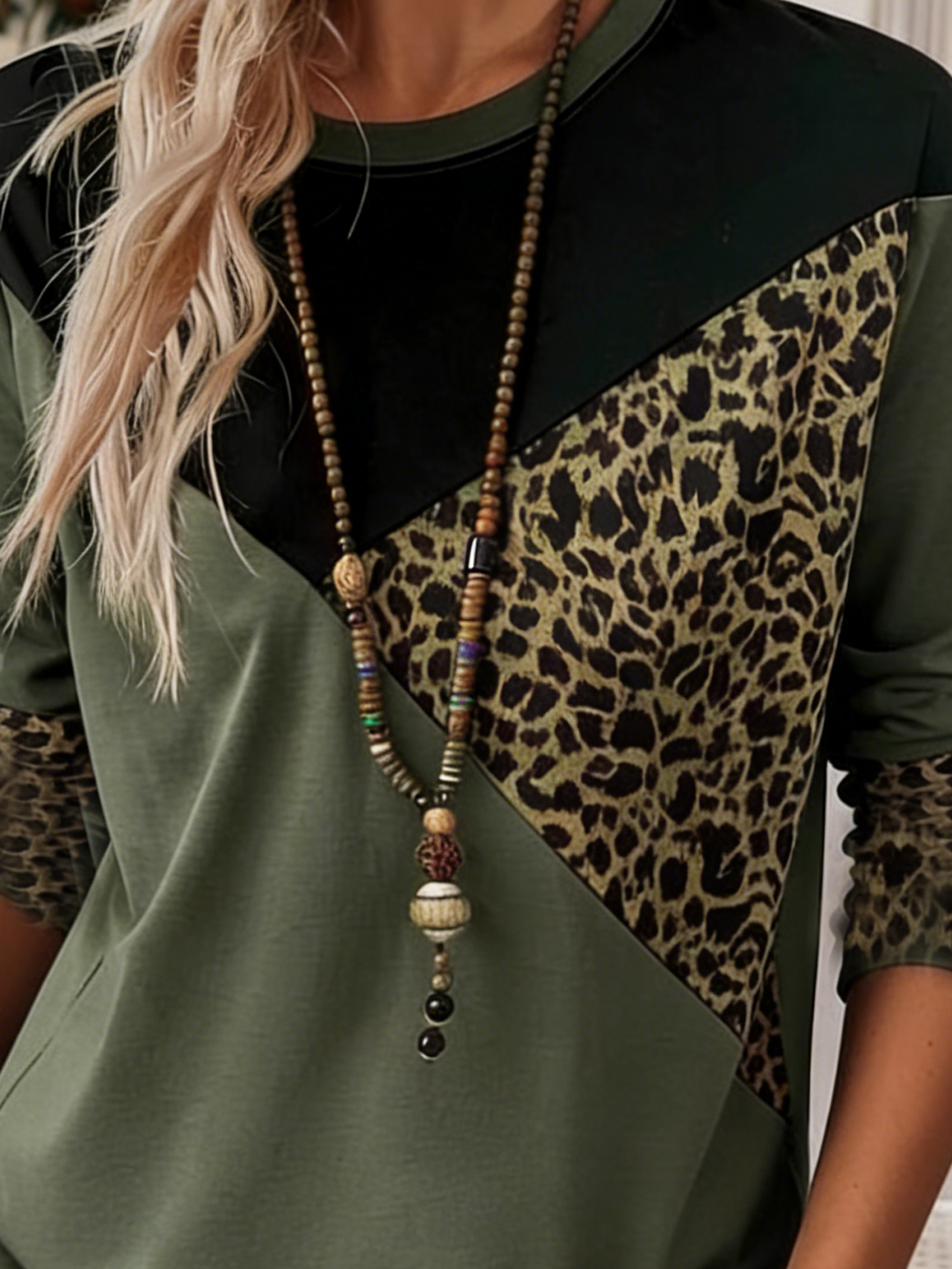 Crew Neck Color Block leopard Casual T-Shirt