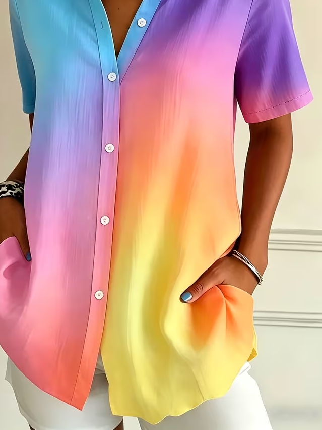 Women's Short Sleeve Shirt Summer As Picture Ombre Printing Shirt Collar Daily Going Out Casual Top