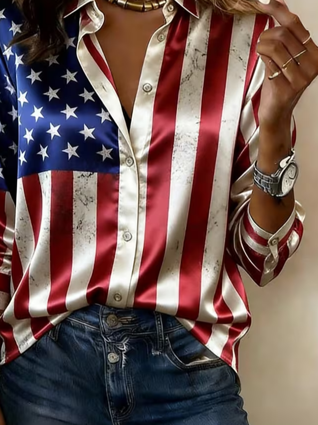 Women's USA 250th Anniversary Long Sleeve Shirt Spring/Fall As Picture America Flag Shawl Collar Daily Going Out Casual Top