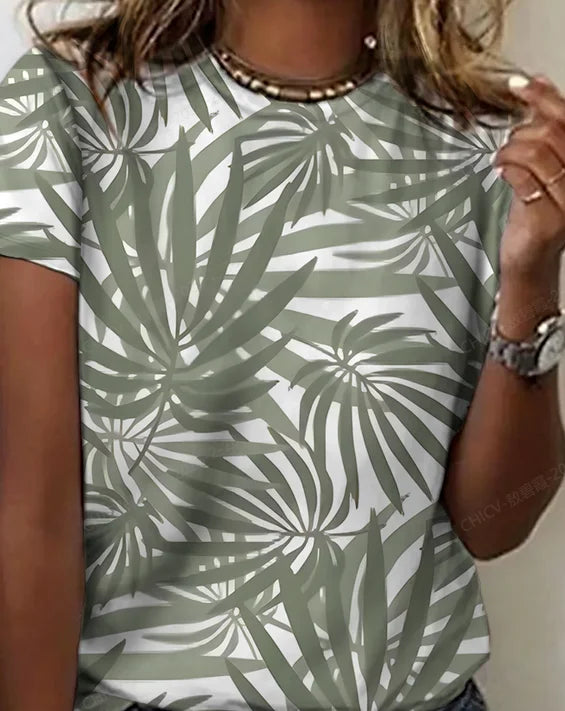 Artistic Leaf Print Cotton T-Shirt