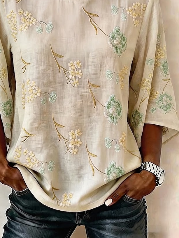 Women's Half Sleeve Blouse Summer Apricot Floral Printing Crew Neck Daily Going Out Vintage Top