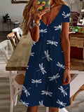 Women's Dragonfly Print Casual V-Neck Short Sleeve Dress