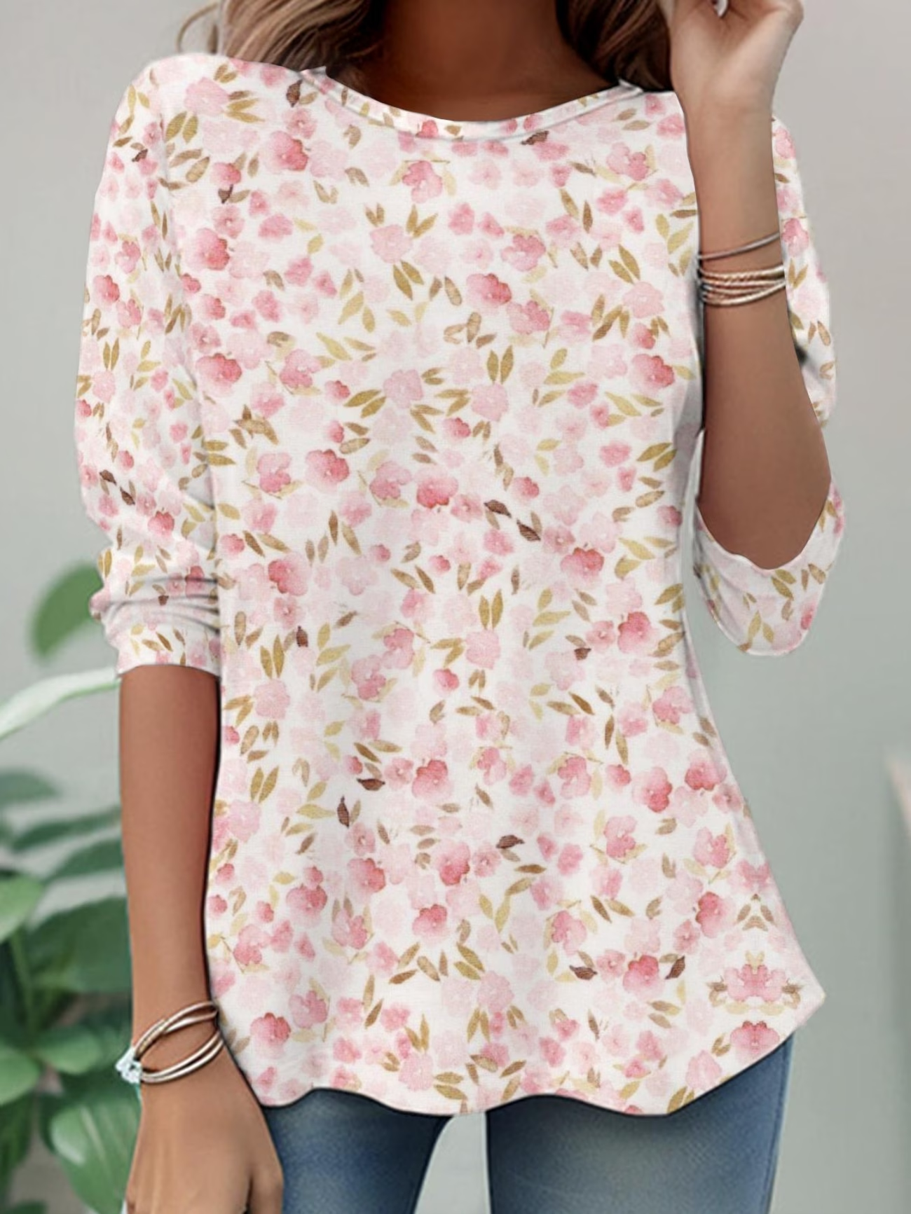 Women's Long Sleeve T-shirt Spring/Fall Pink Floral Jersey Crew Neck Daily Going Out Casual Top
