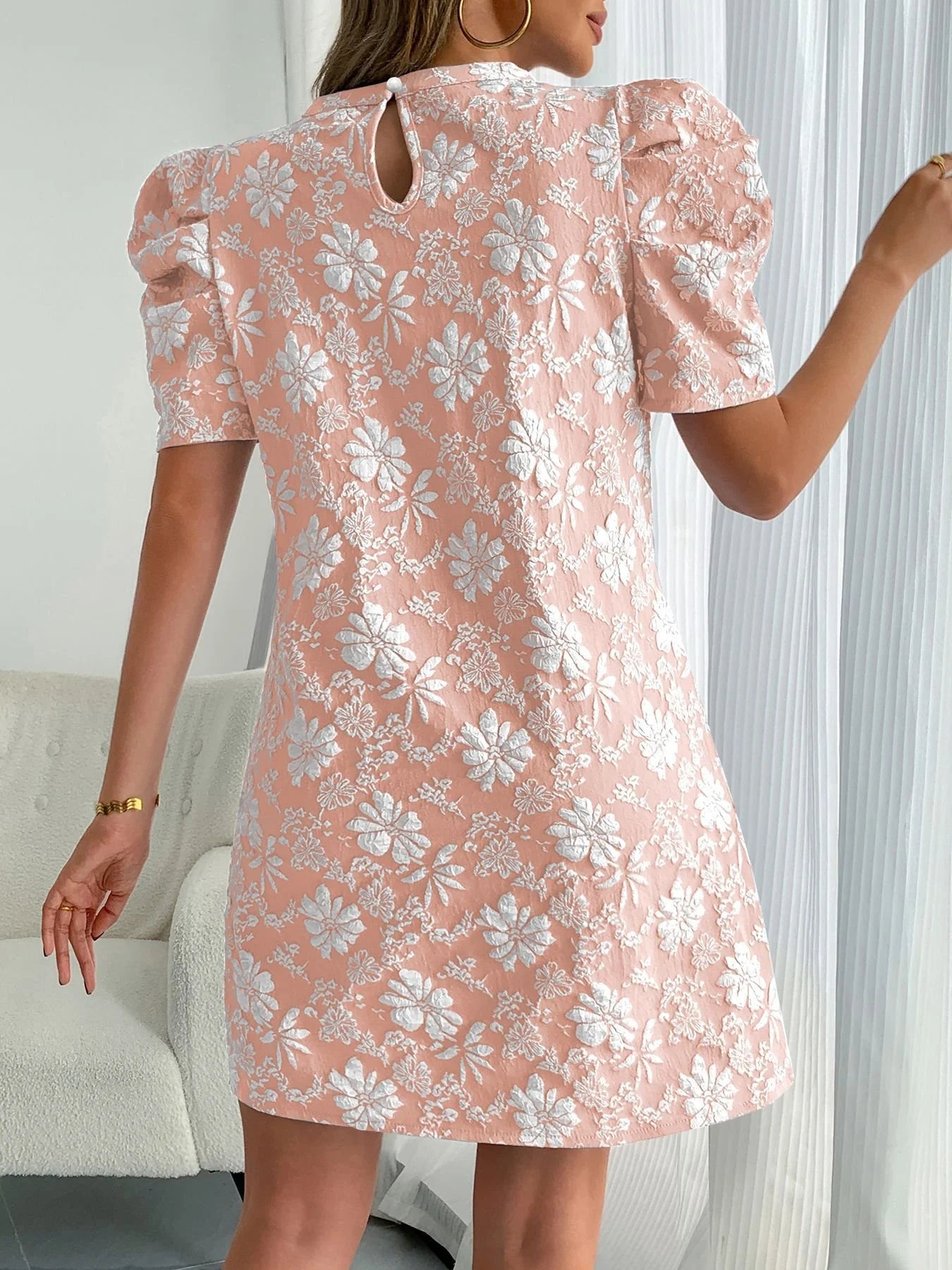 Regular Fit Floral Elegant Crew Neck Dress With No
