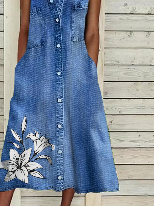 Loose Vintage Faux Denim Print Graphic Others Dress With No