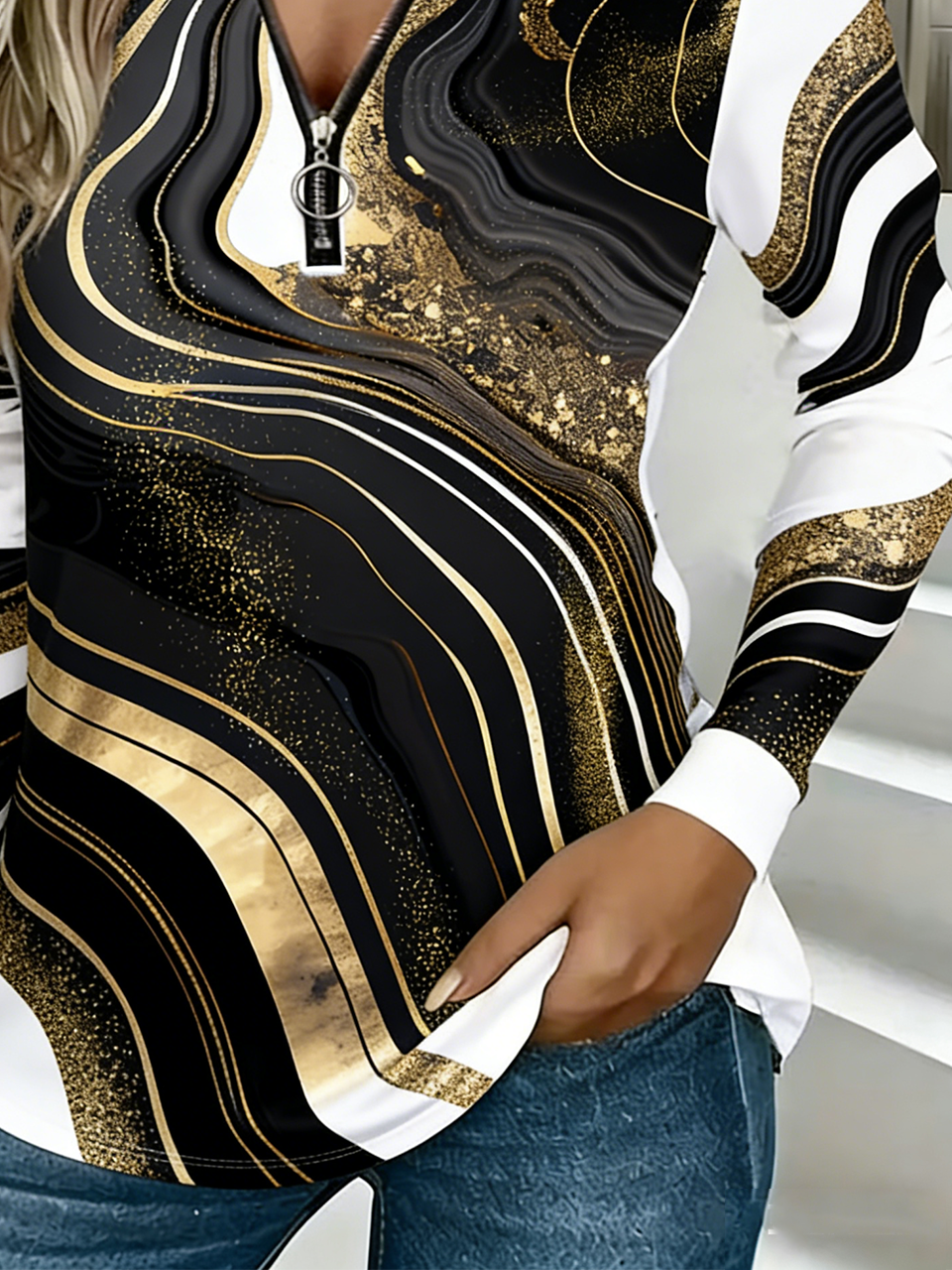 Casual Chevron Zipper Loose T-Shirt