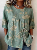 Polyester Cotton Floral Round Neck Short Sleeve Button Drawstring Casual Blouse