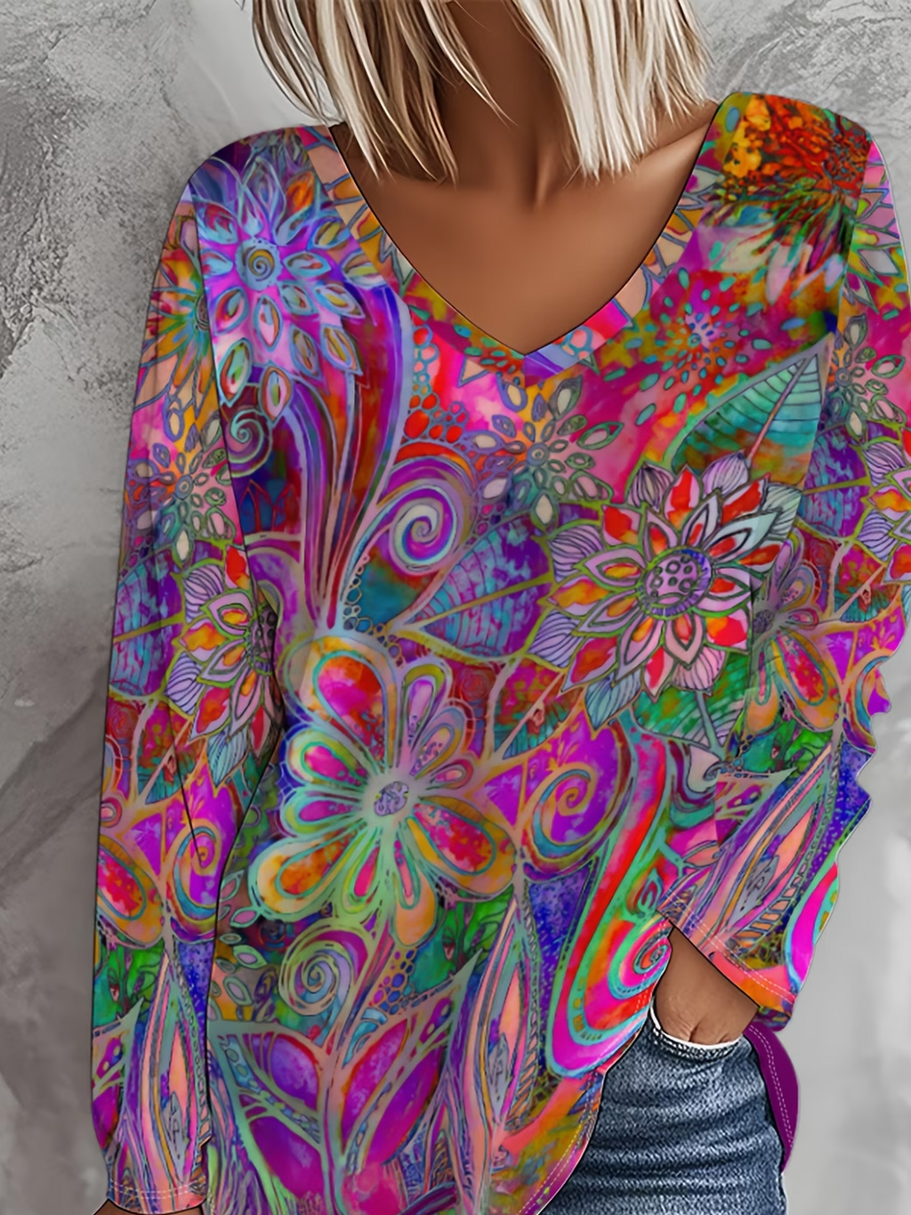Women's Long Sleeve T-shirt Spring/Fall Purple Abstract Printing Jersey V Neck Daily Going Out Casual Top