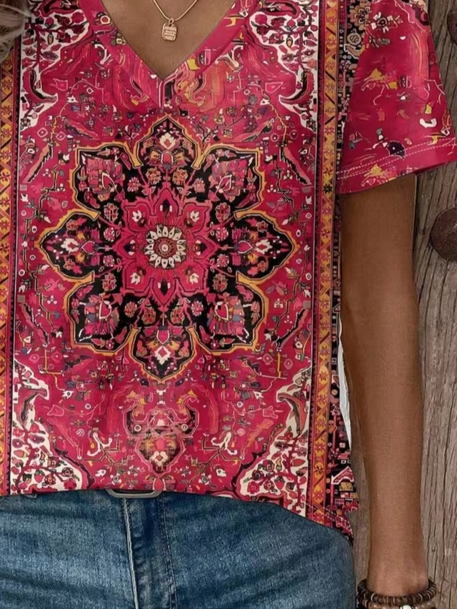 Women's Short Sleeve T-shirt Summer Pink Ethnic Printing V Neck Holiday Going Out Vintage Top