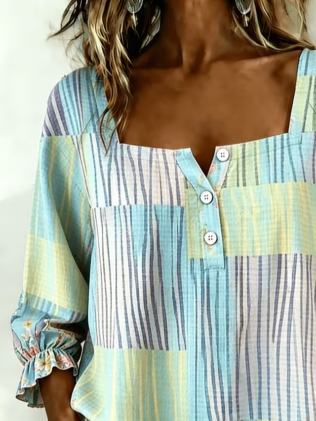 Women's Three Quarter Sleeve Blouse Spring/Fall As Picture Striped Printing Square Neck Daily Going Out Vintage Top