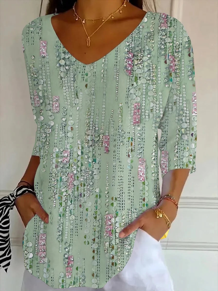 Women's Three Quarter Sleeve T-shirt Spring/Fall Green Abstract Printing V Neck Daily Going Out Casual Top