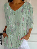 Women's Three Quarter Sleeve T-shirt Spring/Fall Green Abstract Printing V Neck Daily Going Out Casual Top