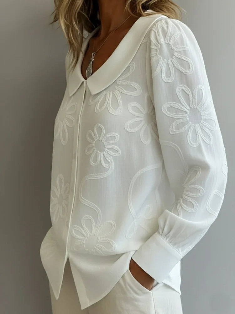 Embroidery Floral Long Sleeve Crew Neck Button Spring Loose Going Out Casual Top