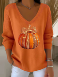 Women's Long Sleeve T-shirt Spring/Fall Orange Halloween (pumpkin) Printing V Neck Daily Going Out Casual Top