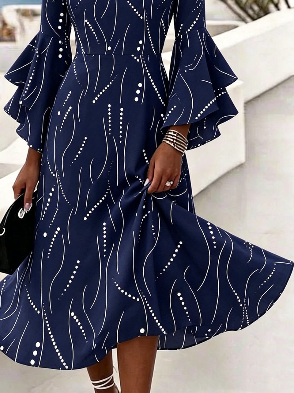 Striped Bell Sleeve V Neck Elegant Dress With No