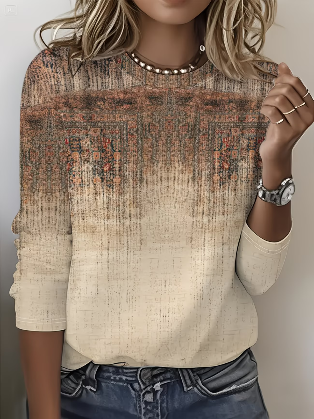 Women's Long Sleeve T-shirt Spring/Fall Khaki Abstract Printing Jersey Crew Neck Daily Going Out Casual Top
