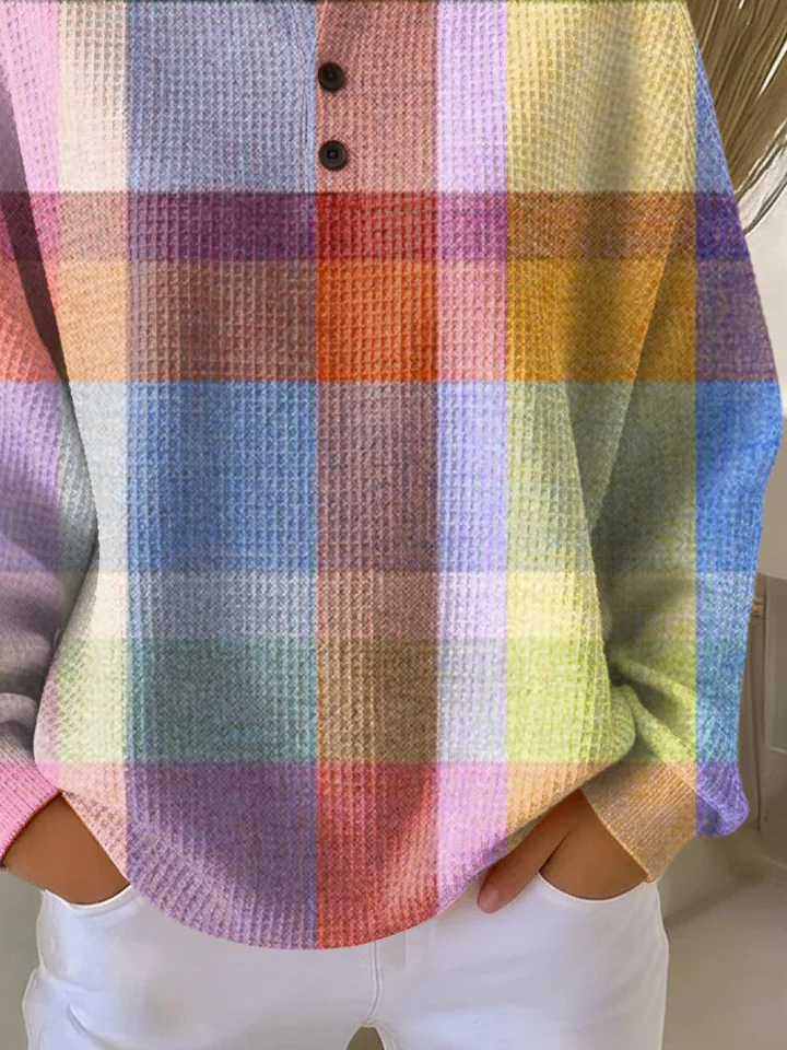 Women's Plaid Print Button-Up Casual Waffle Knit Sweatshirt