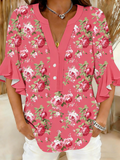 V Neck Vintage Loose Botanical Pattern Shirt