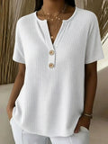 Waffle Plain V Neck Short Sleeve Button Daily Going Out Casual Loose Blouse