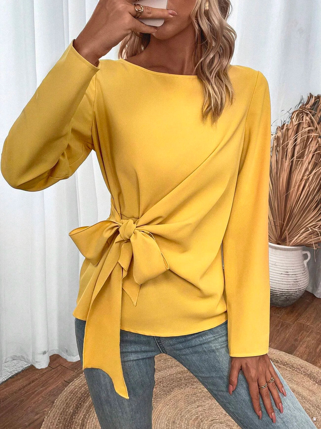 Knot Front Design Loose Casual Halloween Crew Neck H-Line Long Sleeve Shirt