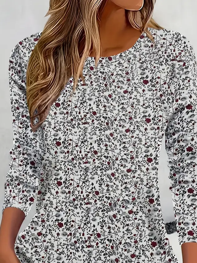 Women's Long Sleeve T-shirt Spring/Fall White Floral Printing Jersey Crew Neck Daily Going Out Casual Top