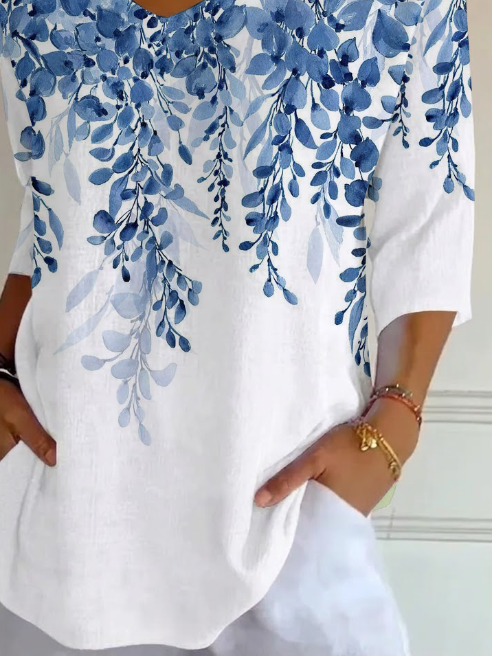 Women's Three Quarter Sleeve T-shirt Spring/Fall White Floral Printing V Neck Daily Going Out Casual Top