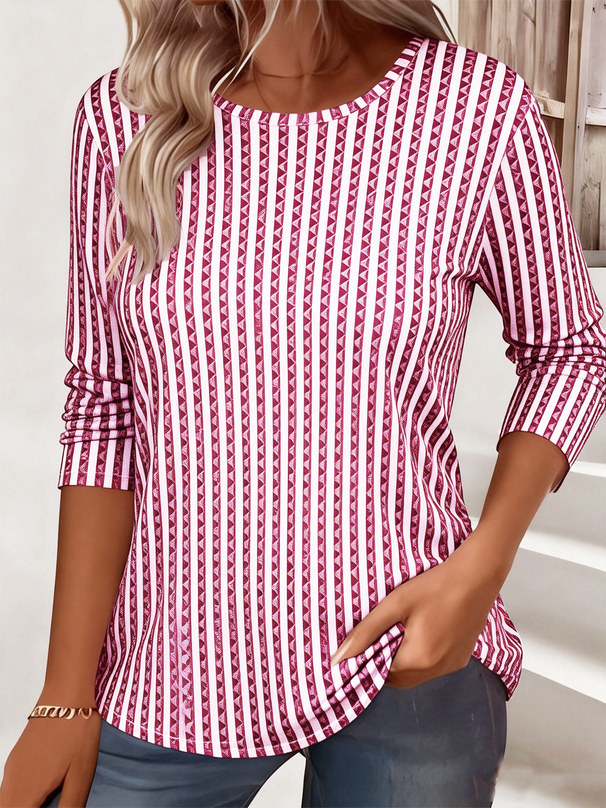 Striped Simple Crew Neck Loose T-Shirt