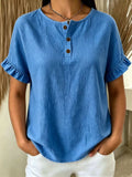 Solid Ruffle Sleeve Henley Neck Button Down T-Shirt