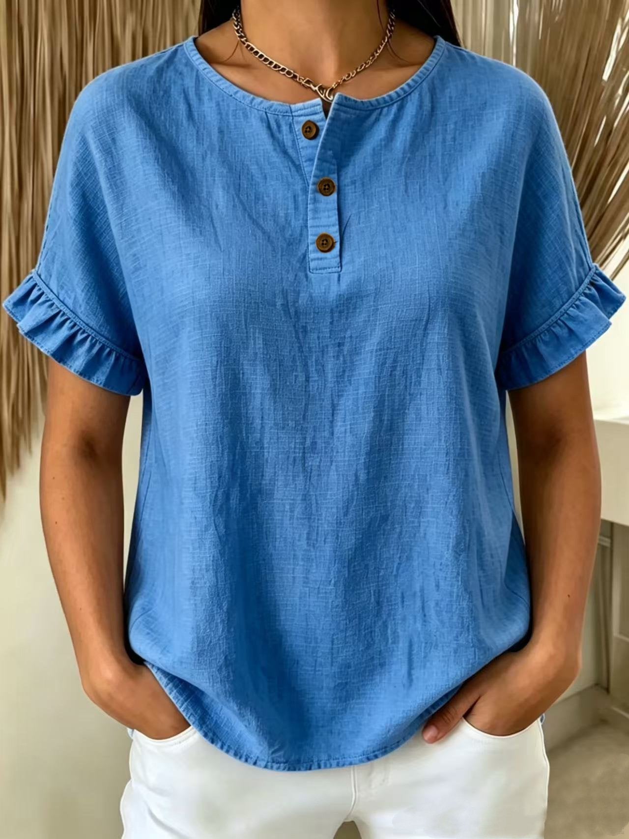 Solid Ruffle Sleeve Henley Neck Button Down T-Shirt
