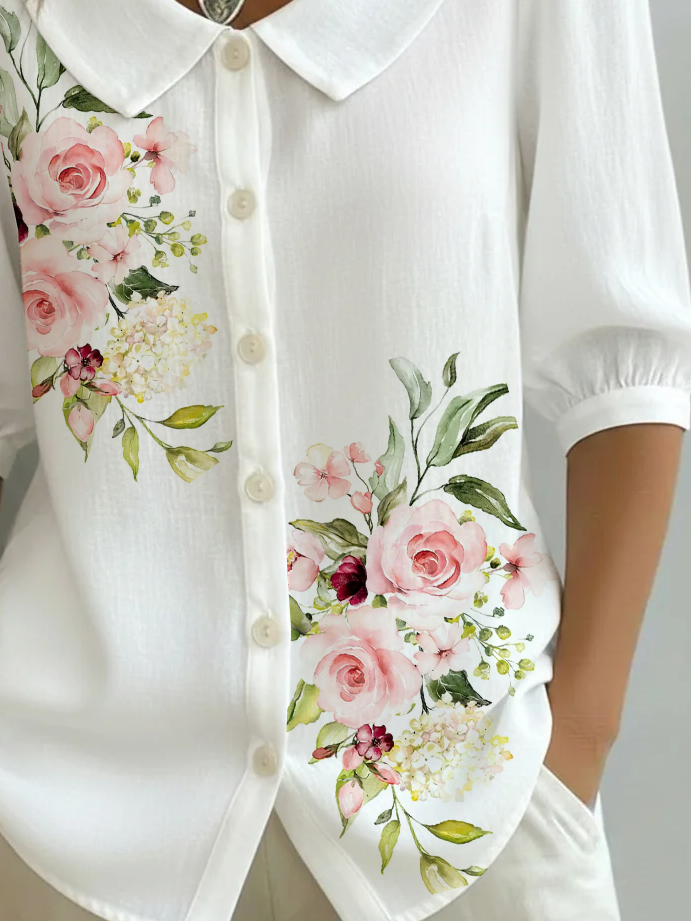 Women's Half Sleeve Shirt Summer White Floral Printing Shawl Collar Daily Going Out Casual Top