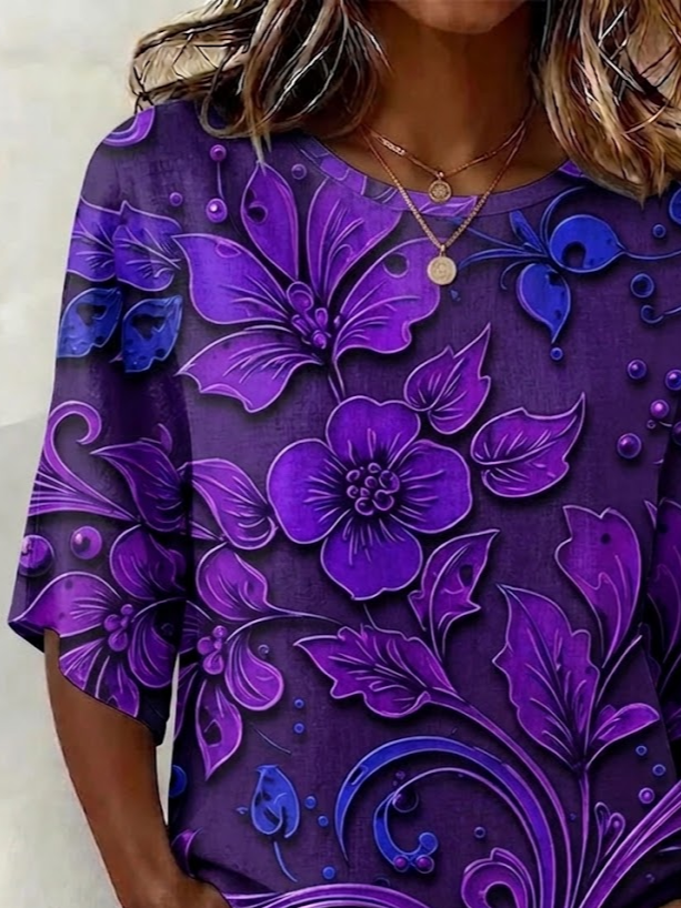 Women's Half Sleeve Blouse Summer Purple Floral Printing Crew Neck Daily Going Out Vintage Top