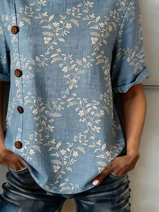 Linen Blend Loose Vintage Floral Shirt