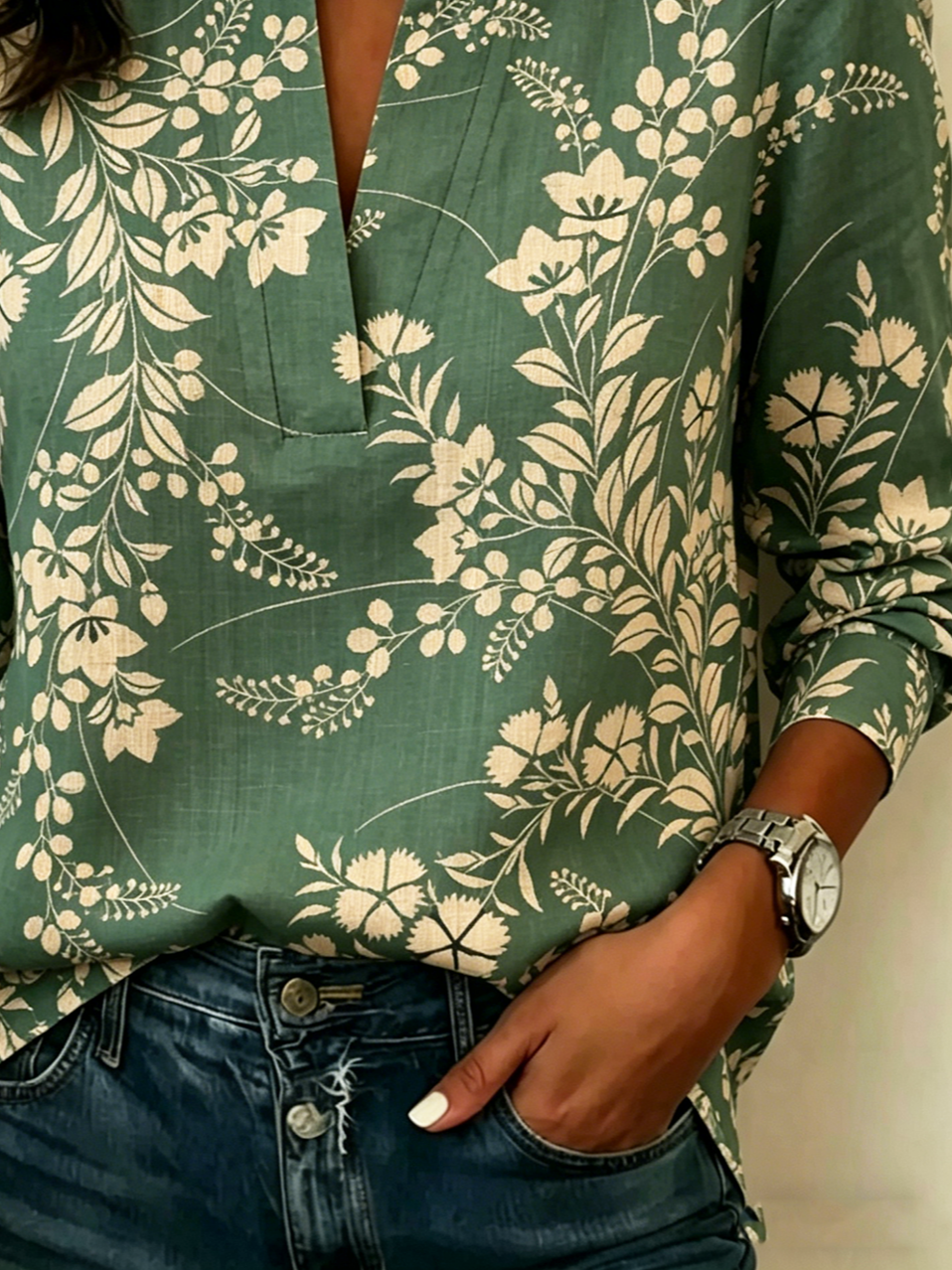 Simple Botanical Pattern V Neck Blouse