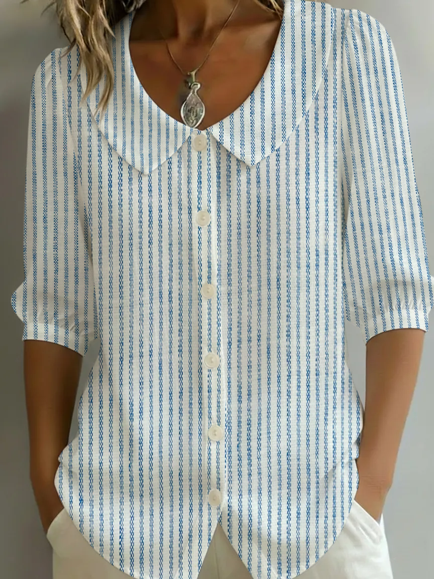 Women's Half Sleeve Shirt Summer Blue Striped Printing Shawl Collar Daily Going Out Casual Top
