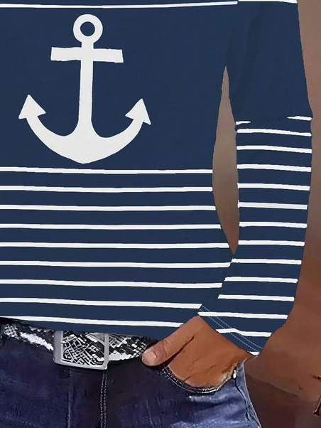 Women's Anchor Stripe Print Casual V-Neck Long Sleeve Casual T-Shirt