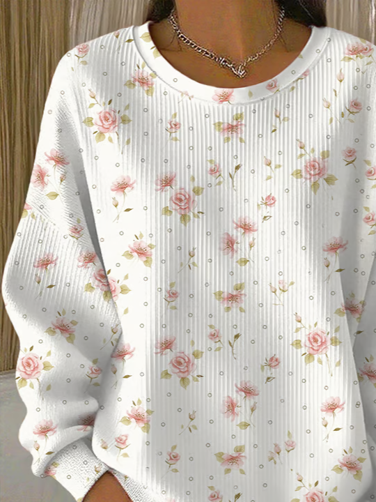Casual Pink Rose Floral Pattern Ribbed Knit Pullover Sweatshirt
