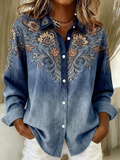 Shirt Collar Casual Faux Denim Print Graphic Loose Shirt