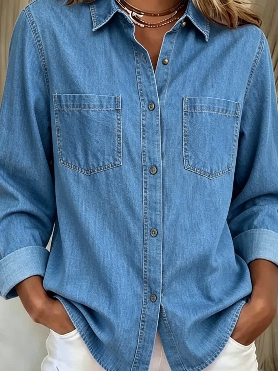 Denim Casual Shawl Collar Plain Shirt