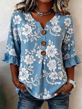 Women's Half Sleeve Blouse Summer Blue Floral Printing V Neck Daily Going Out Vintage Top