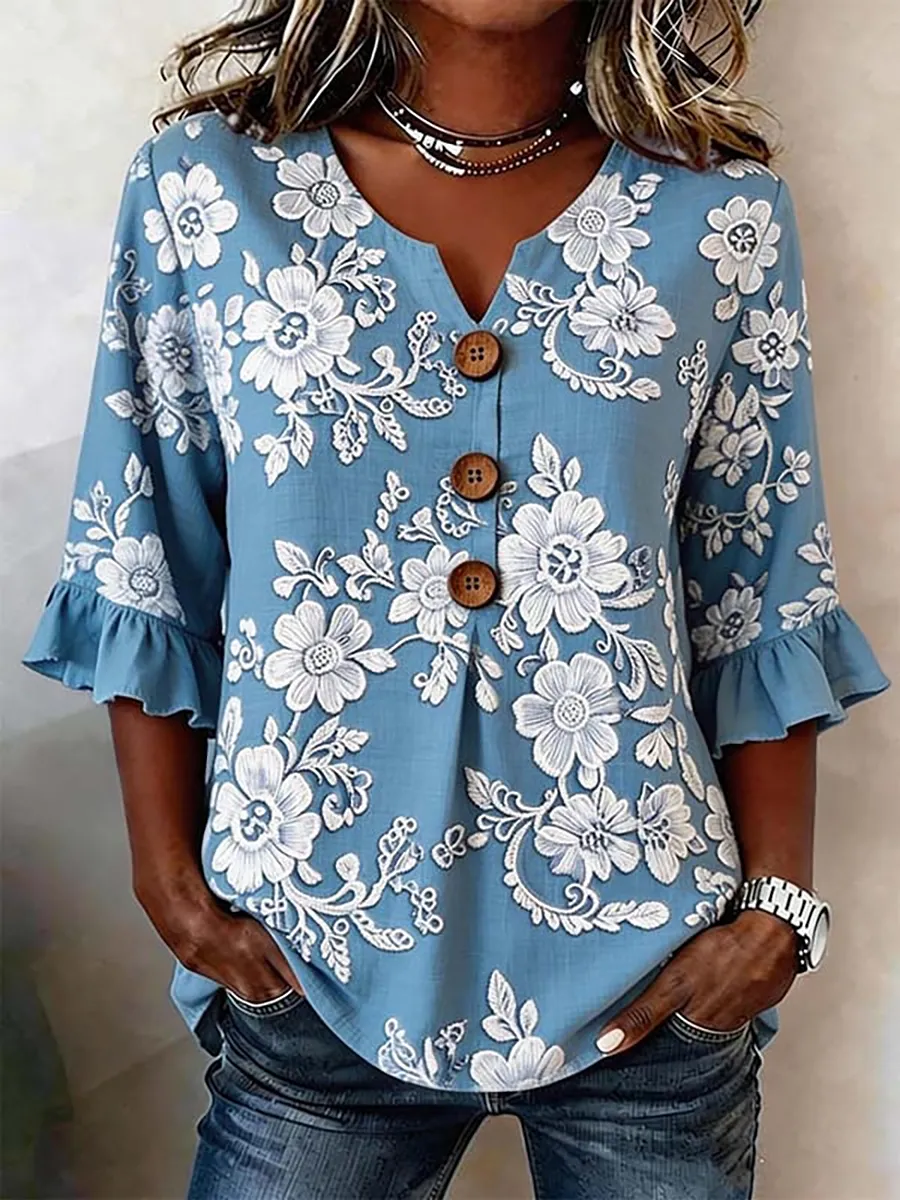 Women's Half Sleeve Blouse Summer Blue Floral Printing V Neck Daily Going Out Vintage Top