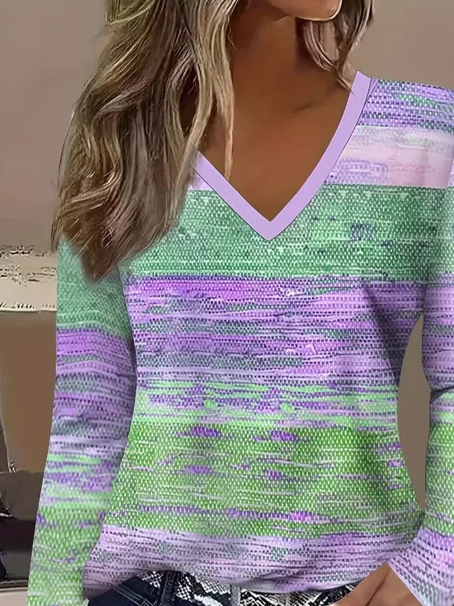 Women's Long Sleeve T-shirt Spring/Fall Purple Abstract Printing Jersey V Neck Daily Going Out Casual Top