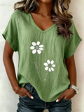 Women's Short-Sleeve V-Neck Printed Cotton-Linen Blouse