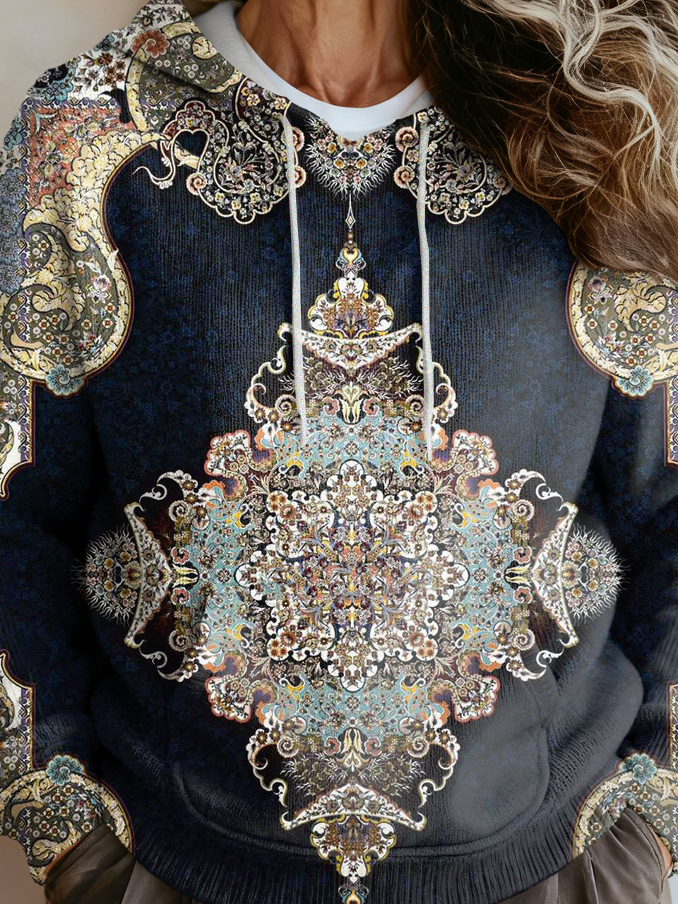 Women Ethnic Hoodie Daily Loose Long Sleeve H-Line Sweatshirt