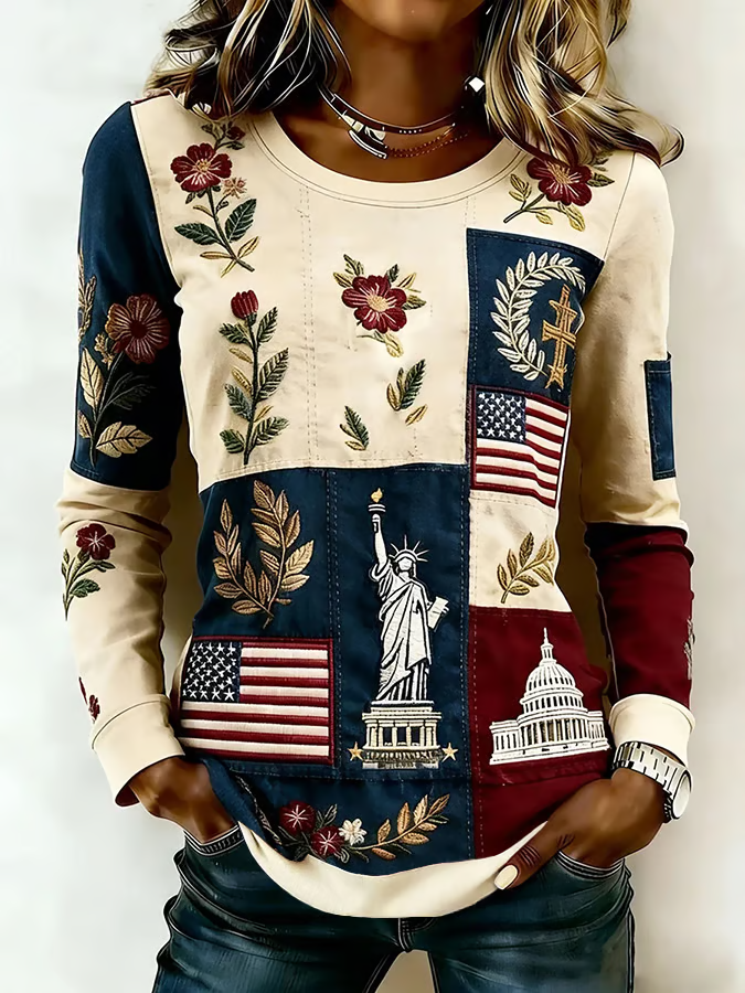 Women's Long Sleeve T-shirt Spring/Fall As Picture America Flag Printing Jersey Crew Neck Daily Going Out Casual Top