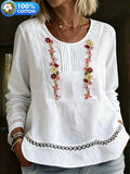 Women's Long Sleeve Shirt Spring/Fall White Floral Split Joint Cotton Crew Neck Daily Going Out Casual Top