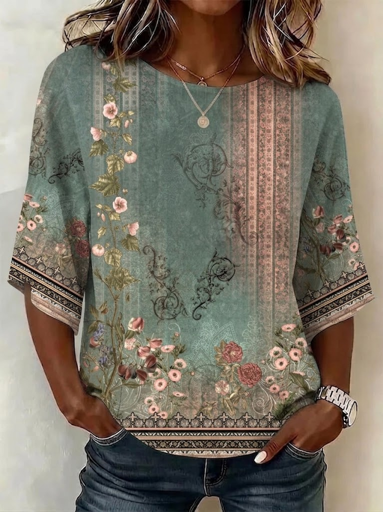 Women's Half Sleeve Blouse Summer Green Floral Printing Crew Neck Daily Going Out Vintage Top