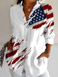 Women's Long Sleeve Shirt Spring/Fall White America Flag Buckle Shirt Collar Regular Sleeve Daily Going Out Casual Top