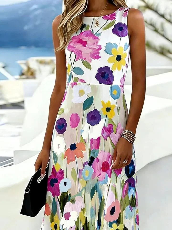 Watercolor Floral Sleeveless Round Neck A Line Flowy Midi Dress Elegant Summer Sundress