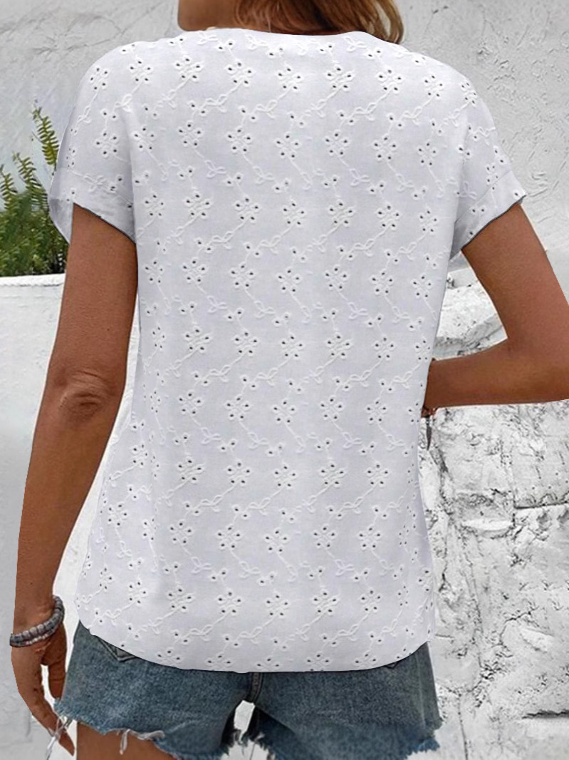 Lace Floral Short Sleeve Shawl Collar Button Casual Shirt